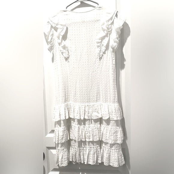 La Vie Rebecca Taylor Off White White Drapey Textured Check Dress w Ruffle Skirt - Picture 6 of 9